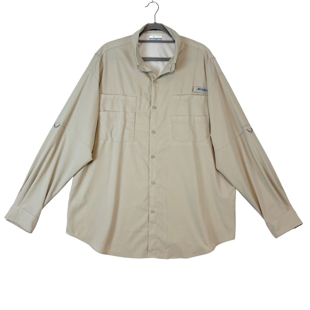 Columbia PFG Tamiami Fishing Shirt Mens XXL Khaki Long Sleeve Vented‎ Omni Shade
